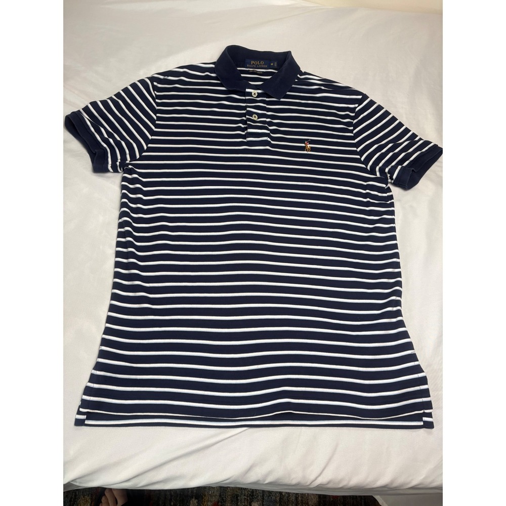 Polo Ralph Lauren Polo Shirt Mens M Navy Blue White Striped Excellent Pima Soft